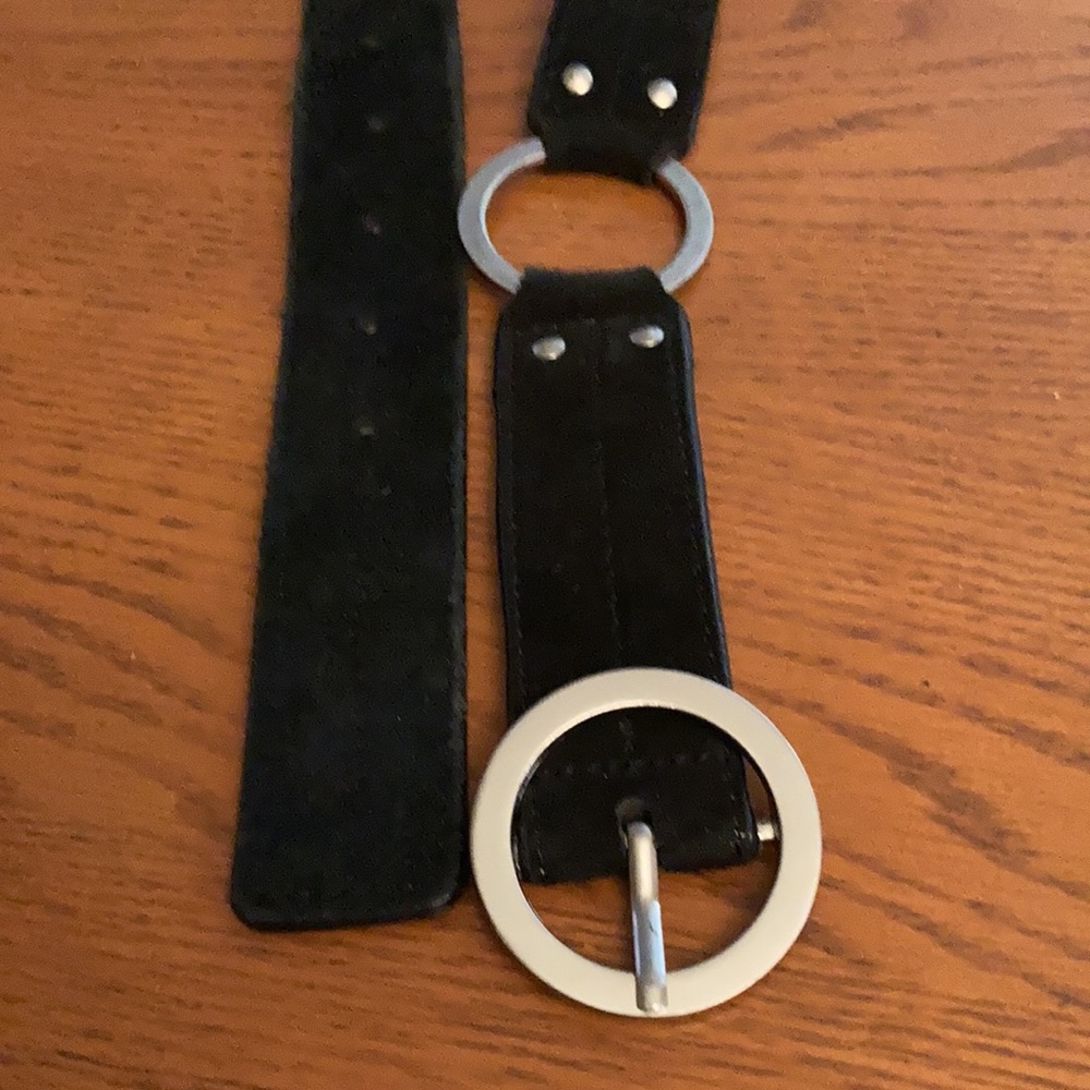 Black Suede Genuine Leather Belt with Silver Rings Vintage